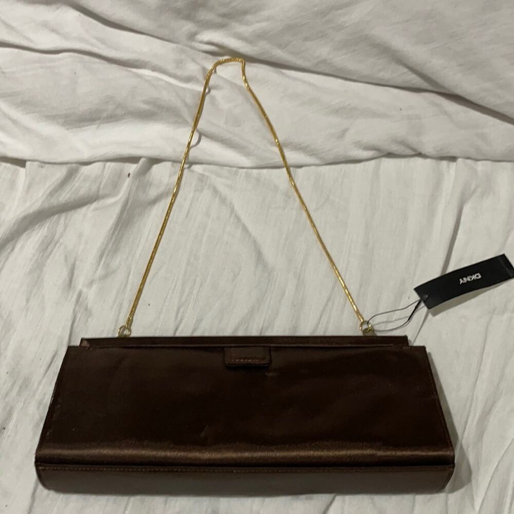 DKNY brown satin evening bag gold toned chain nwt